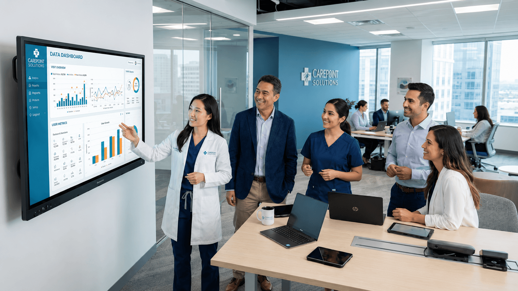 Team reviewing analytics dashboard in office