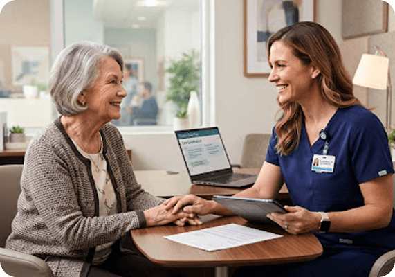 A clinician reviewing care plan details with a patient