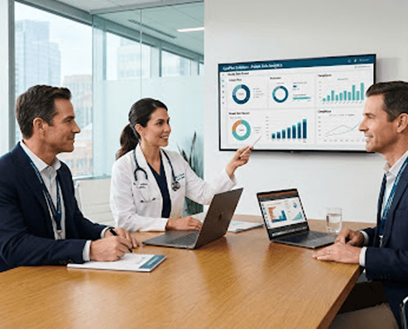 Healthcare team reviewing operational data on a dashboard
